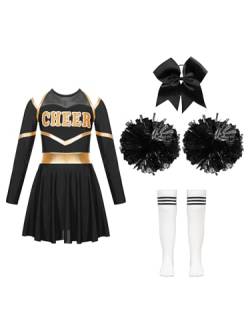 Jowowha Mädchen Cheer Leader Cheerleading Kostüm Langarm Crop Tops mit Rock Pompoms Socken Halloween Kostüm Karneval Fasching Party A Weiß&Schwarz A 170-176 von Jowowha