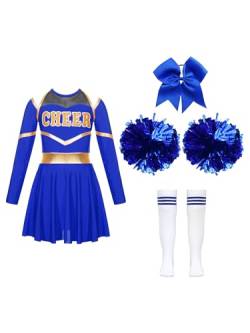 Jowowha Mädchen Cheer Leader Cheerleading Kostüm Langarm Crop Tops mit Rock Pompoms Socken Halloween Kostüm Karneval Fasching Party Aa Blau A 122-128 von Jowowha