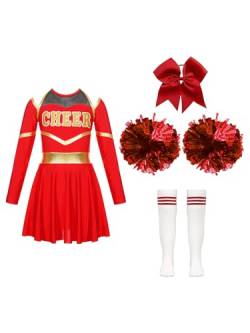 Jowowha Mädchen Cheer Leader Cheerleading Kostüm Langarm Crop Tops mit Rock Pompoms Socken Halloween Kostüm Karneval Fasching Party Aa Rot A 158-164 von Jowowha