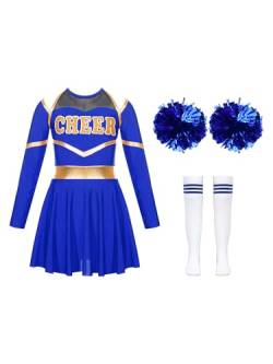 Jowowha Mädchen Cheer Leader Cheerleading Kostüm Langarm Crop Tops mit Rock Pompoms Socken Halloween Kostüm Karneval Fasching Party Ad Royal Blau 158-164 von Jowowha