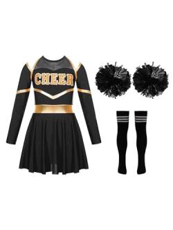 Jowowha Mädchen Cheer Leader Cheerleading Kostüm Langarm Crop Tops mit Rock Pompoms Socken Halloween Kostüm Karneval Fasching Party Ad Schwarz&Weiß A 158-164 von Jowowha