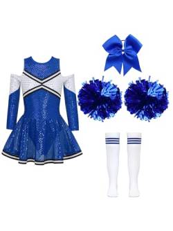 Jowowha Mädchen Cheer Leader Cheerleading Kostüm Langarm Crop Tops mit Rock Pompoms Socken Halloween Kostüm Karneval Fasching Party B Blau A 134-140 von Jowowha