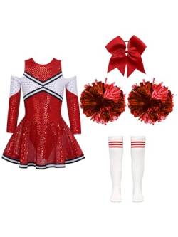 Jowowha Mädchen Cheer Leader Cheerleading Kostüm Langarm Crop Tops mit Rock Pompoms Socken Halloween Kostüm Karneval Fasching Party B Rot 134-140 von Jowowha