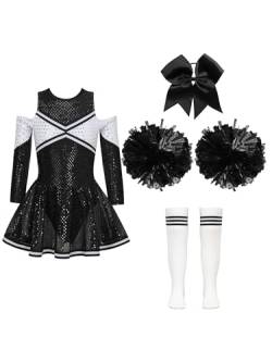 Jowowha Mädchen Cheer Leader Cheerleading Kostüm Langarm Crop Tops mit Rock Pompoms Socken Halloween Kostüm Karneval Fasching Party B Weiß&Schwarz 110-116 von Jowowha