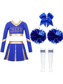 Jowowha Mädchen Cheer Leader Cheerleading Kostüm Langarm Crop Tops mit Rock Pompoms Socken Halloween Kostüm Karneval Fasching Party D Blau 134-140 von Jowowha