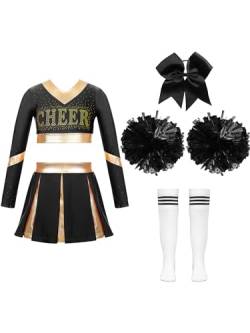 Jowowha Mädchen Cheer Leader Cheerleading Kostüm Langarm Crop Tops mit Rock Pompoms Socken Halloween Kostüm Karneval Fasching Party D Schwarz 146-152 von Jowowha