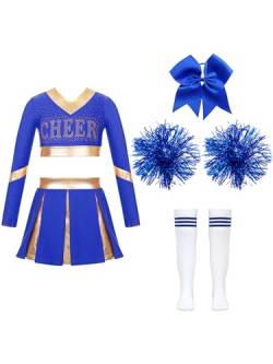 Jowowha Mädchen Cheer Leader Cheerleading Kostüm Langarm Crop Tops mit Rock Pompoms Socken Halloween Kostüm Karneval Fasching Party Da Blau 122-128 von Jowowha