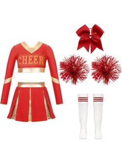 Jowowha Mädchen Cheer Leader Cheerleading Kostüm Langarm Crop Tops mit Rock Pompoms Socken Halloween Kostüm Karneval Fasching Party Da Rot 158-164 von Jowowha