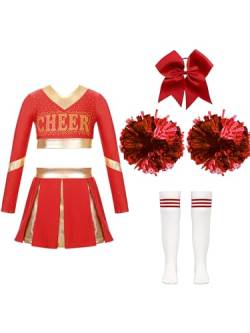 Jowowha Mädchen Cheer Leader Cheerleading Kostüm Langarm Crop Tops mit Rock Pompoms Socken Halloween Kostüm Karneval Fasching Party E Rot 134-140 von Jowowha