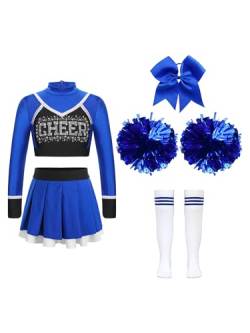 Jowowha Mädchen Cheer Leader Cheerleading Kostüm Langarm Crop Tops mit Rock Pompoms Socken Halloween Kostüm Karneval Fasching Party F Blau 146-152 von Jowowha