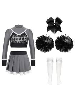 Jowowha Mädchen Cheer Leader Cheerleading Kostüm Langarm Crop Tops mit Rock Pompoms Socken Halloween Kostüm Karneval Fasching Party F Grau&Schwarz 146-152 von Jowowha