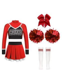 Jowowha Mädchen Cheer Leader Cheerleading Kostüm Langarm Crop Tops mit Rock Pompoms Socken Halloween Kostüm Karneval Fasching Party F Rot 122-128 von Jowowha