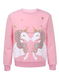 Jowowha Mädchen Pullover Sweatshirt Glitzernde Einhörner/Pferd Druck Pulli Rundhals Langarmshirt Casual Jumper Tops Oberteile Gr.98-176 A Rosa 110-116 von Jowowha