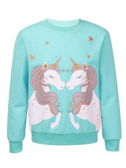 Jowowha Mädchen Pullover Sweatshirt Glitzernde Einhörner/Pferd Druck Pulli Rundhals Langarmshirt Casual Jumper Tops Oberteile Gr.98-176 Aa Blau Grün 158-164 von Jowowha