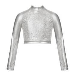 Jowowha Mädchen Sport Crop Tops Metallic Rollkragen Langarmshirt Bluse Kurze Bauchfreie Oberteile Ballett Gymnastik Tanz Tops B Silber 122-128 von Jowowha