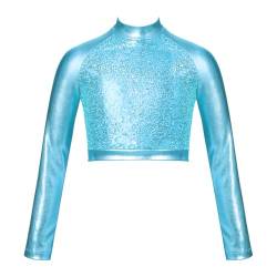 Jowowha Mädchen Sport Crop Tops Metallic Rollkragen Langarmshirt Bluse Kurze Bauchfreie Oberteile Ballett Gymnastik Tanz Tops B Türkis 122-128 von Jowowha