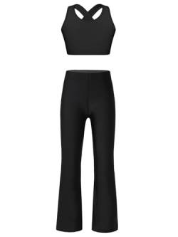 Jowowha Mädchen Trainingsanzug Sportanzug Crop Tops Sport BH Tops + Schlaghose Disco Hip Hop Outfits Jazz Tanzkleidung B Schwarz 146-152 von Jowowha