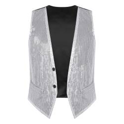 Jowowha Pailletten Weste Herren Damen Glitzer Anzugweste V-Ausschnitt Blazer Anzug Weste Jacke Karneval Fasching Disco Party Clubwear A Silber A M von Jowowha