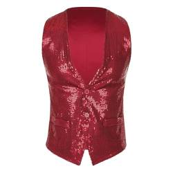 Jowowha Pailletten Weste Herren Damen Glitzer Anzugweste V-Ausschnitt Blazer Anzug Weste Jacke Karneval Fasching Disco Party Clubwear B Rot A M von Jowowha