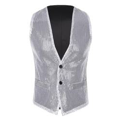 Jowowha Pailletten Weste Herren Damen Glitzer Anzugweste V-Ausschnitt Blazer Anzug Weste Jacke Karneval Fasching Disco Party Clubwear B Silber M von Jowowha