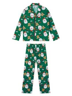 Jowowha Weihnachten Schlafanzug Jungen Baumwolle Winter Pyjama Kinder Mädchen Langarm Zweiteilig Schlafanzüge Set Winter Nachtwäsche Gr.98-176 Grün 146-152 von Jowowha