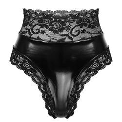 Jowowha Wetlook String Damen Ouvert Slip Panties Tanga Lack Leder Schwarz Frauen Höschen Sexy Dessous Erotik Unterwäsche A Schwarz Ab 4XL von Jowowha