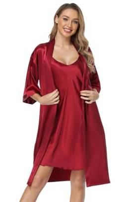 Joy Bridalc Satin Women's Kimono Robe Gorgeous Loungewear 2PC Set Sleepwear Camisole & Robe, Pure Wine 3XL von Joy Bridalc