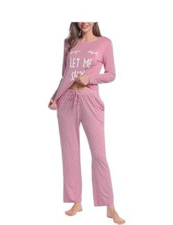 Damen Schlafanzug Langarm Pyjama Lang Frühling für Frauen Zweiteiliger Nachtwäsche Buchstabe Druckt Oberteile und Polaka Dot Schlafanzughose Hausanzug(Staubiges Rosa,XXL) von Joyaria