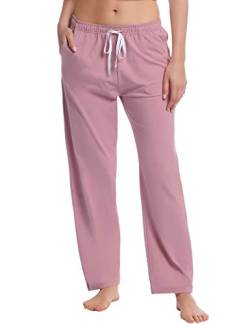 Damen Schlafanzughose/Pyjamahosen Lang Weich Baumwolle, Schlafhose Sweathose Schlafanzug/Pyjama/Yoga Hose(Staubige Rose,Größe M) von Joyaria