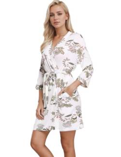 Joyaria Bademantel Damen Leicht Morgenmantel Kurz Saunamantel mit Gürtel Kimono-Kragen Sauna Kimono Robe Hausmantel Viskose aus Bambus 3/4 Ärmel(Blumen,L) von Joyaria