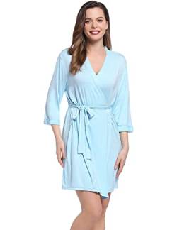 Joyaria Bademantel Damen Leicht Morgenmantel Kurz Saunamantel mit Gürtel Kimono-Kragen Sauna Kimono Robe Hausmantel Viskose aus Bambus 3/4 Ärmel(Hellblau,L) von Joyaria