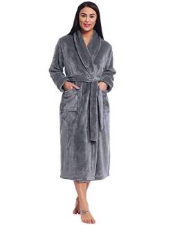 Joyaria Bademantel Damen Winter Flanell Lang Morgenmantel Fleece Warm und Weich Saunamantel und Gürtel Microfaser(Grau,Large) von Joyaria