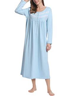 Joyaria Damen Baumwolle Nachthemd Langarm Schlafkleid Viktorianisch Nachtkleid Weiches Lounge Kleid mit Knopfleiste(Blau,XXL) von Joyaria