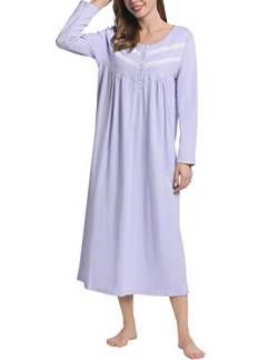 Joyaria Damen Baumwolle Nachthemd Langarm Schlafkleid Viktorianisch Nachtkleid Weiches Lounge Kleid mit Knopfleiste(Helles Lila,XXL) von Joyaria