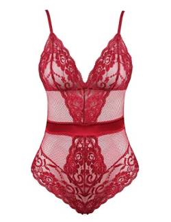 Joyaria Damen Body Elegant Spitze Bodysuit Einteiliger Negligee Oberteil Weiche(Rot,S) von Joyaria