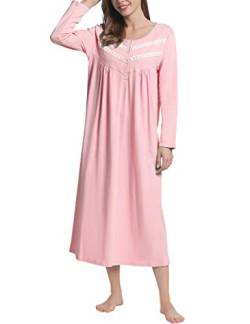 Joyaria Damen Nachthemd Baumwolle Nachtkleid Langarm Viktorianisch Nachtwäsche Vintage Schlafanzug mit Knopfleiste(Rosa,L) von Joyaria