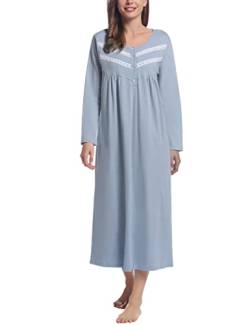 Joyaria Damen Nachthemd Baumwolle Nachtkleid Langarm Viktorianisch Nachtwäsche Vintage Schlafanzug mit Knopfleiste(Staubiges Blau,L) von Joyaria