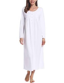 Joyaria Damen Nachthemd Baumwolle Nachtkleid Langarm Viktorianisch Nachtwäsche Vintage Schlafanzug mit Knopfleiste(Weiß,L) von Joyaria