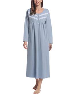 Joyaria Damen Nachthemd Baumwolle Pyjama Kleid Langarm Vintage Nachtkleid Viktorianisch Schlafhemd mit Knopf(Staubiges Blau,XL) von Joyaria