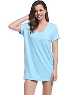 Joyaria Damen Nachthemd Kurz Schlafshirt Viskose Schlafhemd Sommer Nachtkleid Leicht Nachtwäsche Bequme Sleepshirt Coole Schlafshirt(Hellblau,L) von Joyaria