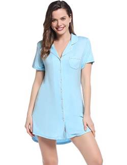Joyaria Damen Nachthemd Kurzarm, Baumwolle Nachtwäsche mit Knopfleiste V-Ausschnitt Schlafshirt Frauen Kurze(Hellblau，L) von Joyaria