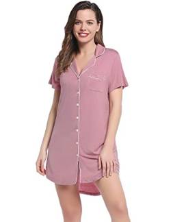 Joyaria Damen Nachthemd Kurzarm, Baumwolle Nachtwäsche mit Knopfleiste V-Ausschnitt Schlafshirt Frauen Kurze(Staubige Rose，S) von Joyaria