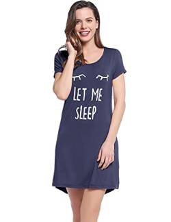 Joyaria Damen Nachthemd Kurzarm Viskose aus Bambus Süß Schlafshirt Sommer Sleepshirt T-Shirt Schlafhemd Weiche Frauen Nachtwäsche Nachtkleid Sleepwear(Marineblau,S) von Joyaria