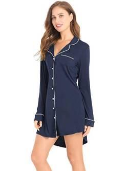 Joyaria Damen Nachthemd Langarm Bambus Knopfleiste Durchgehend Pyjama Schlafshirt Super Kuschelig(Marineblau,L) von Joyaria