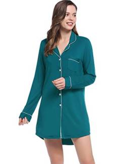 Joyaria Damen Nachthemd Langarm Durchgeknöpft Knopfleiste Pyjama Hemd Schlafshirt/Nachtkleid Kurz(Grün,S) von Joyaria