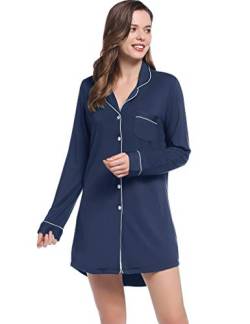 Joyaria Damen Nachthemd Langarm Sleepshirt Nachtkleid Kurz Knöpfe Schlafshirt Nachtwäsche für Frauen(Marineblau,XL) von Joyaria