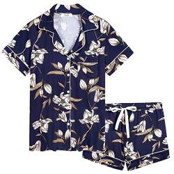 Joyaria Damen Pyjama Kurz Weich Schlafanzug mit Knopfleiste Kurzarm Zweiteiliger Hausanzug Baumwolle(Lily Dunkelblau,Größe S) von Joyaria