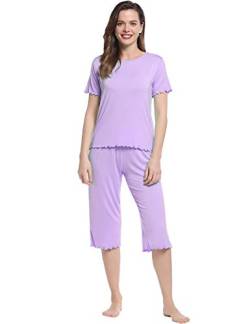 Joyaria Damen Pyjama-Set Capri Schlafanzug Viskose aus Bambus Sommer Hausanzug Zweiteiliger Kurzärmel T-Shirt mit 3/4 Langer Schlafhose(Helles Lila,L) von Joyaria