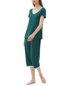 Joyaria Damen Pyjama-Sets Kurzarm mit Caprihose Sommer Schlafanzug Zweitiliger mit 3/4 Schlahose Viskose Nachtwäsche Hausanzug(Grün,XL) von Joyaria