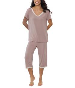 Joyaria Damen Pyjama-Sets Kurzarm mit Caprihose Sommer Schlafanzug Zweitiliger mit 3/4 Schlahose Viskose Nachtwäsche Hausanzug(Hellrosa,XL) von Joyaria